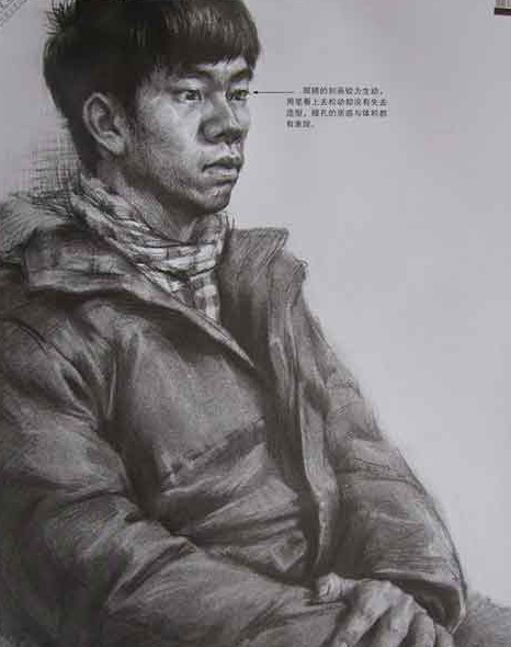 构图上，过于往左上偏移，整体塑造得还比较完整，结构关系较为合理，脸部明暗层次较为丰富