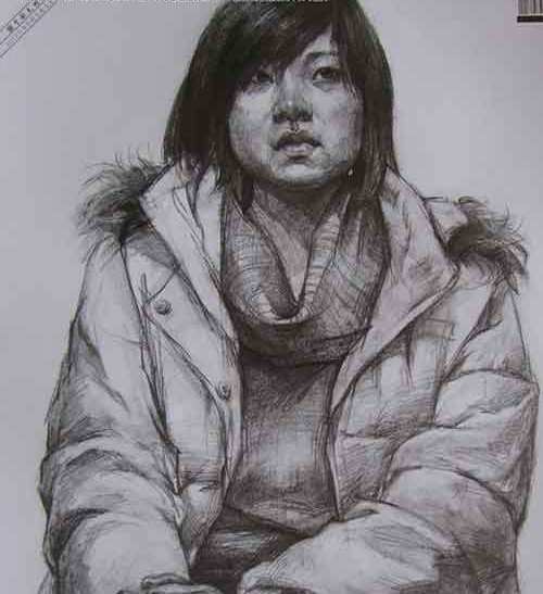 画法明快，大的结构关系比较谐调，对衣纹的处理果断干脆，也有一定的细节深入，人物的面部表现也刻画得比较自然、流畅。