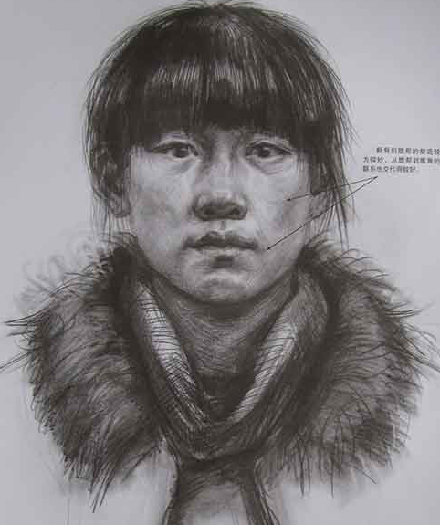  正面头像是比较难画的，尤其是正面的形体传神容易画得较平。这张头像较好地把对象的形态画了出来。两侧颧骨的体积刻画得细致深入，与周围部位的关联也处理得较为得当