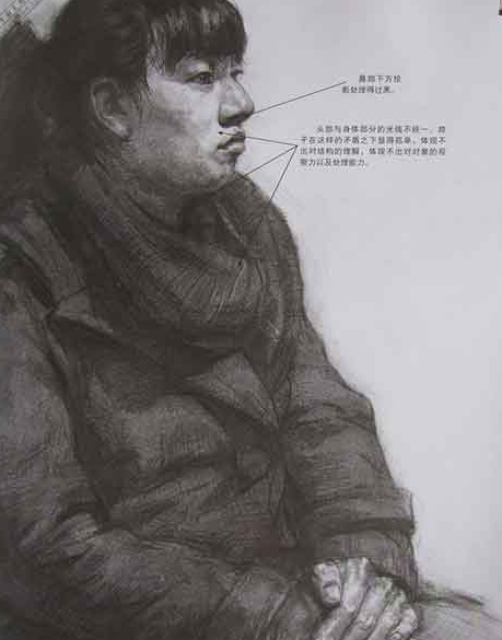 构图不完整，缺少一个肩膀，还是最需要表现的一个肩膀。手部的深入也有欠缺。