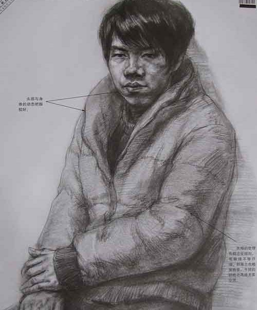 人物头、颈、肩三者关系较为合理，明暗层次较为吩咐，用笔轻移，也有细节上的深入