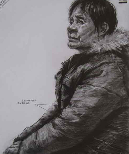 用笔轻快有力，准确地把握住模特的年龄和神态。衣服的处理手法生动有力