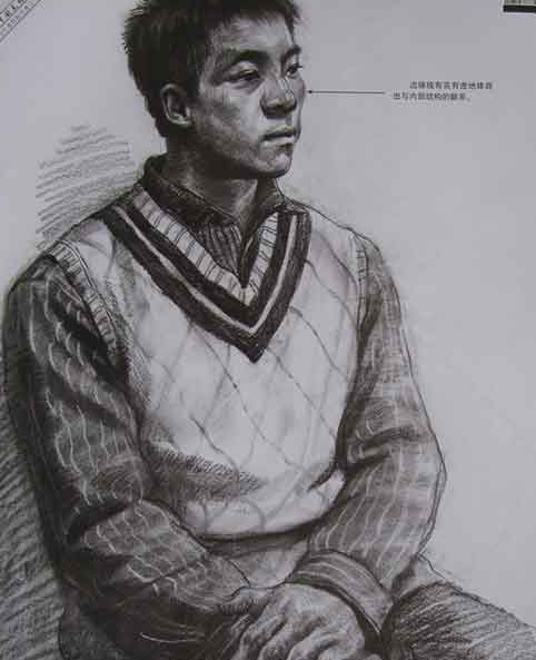 造型比较严谨，大的结构关系表现得较好，对衣服以及胸腹部位的处理有一定的技巧。从比例上看，手部画得太大