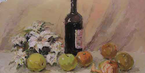 该画面色彩浓郁、响亮,蓝灰色调的把握比较成功,完全依靠色彩冷暖、纯度变化来实现空间的营造。塑造表现重点突出,主次鲜明,色彩关系准确,复合色调倾向的处理体现出作者一定的色彩修养