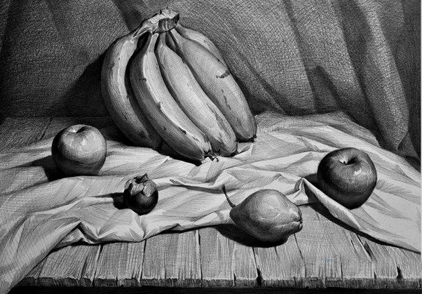 香蕉 苹果 梨素描静物组合
