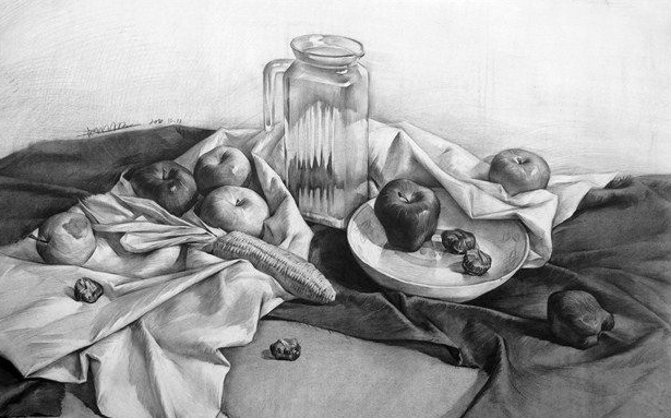 白瓷盘与水果静物组合写生