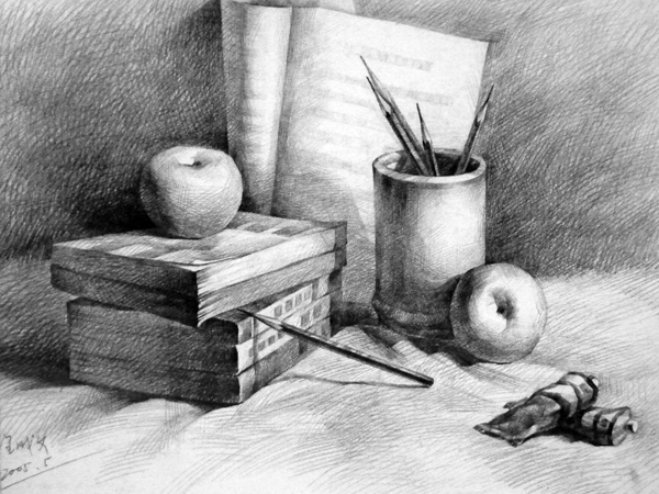 静物素描写生（书 笔筒 笔）