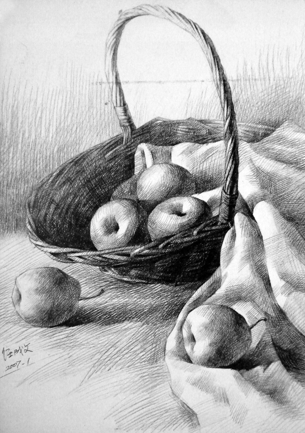 静物素描组合写生（竹篮与水果）