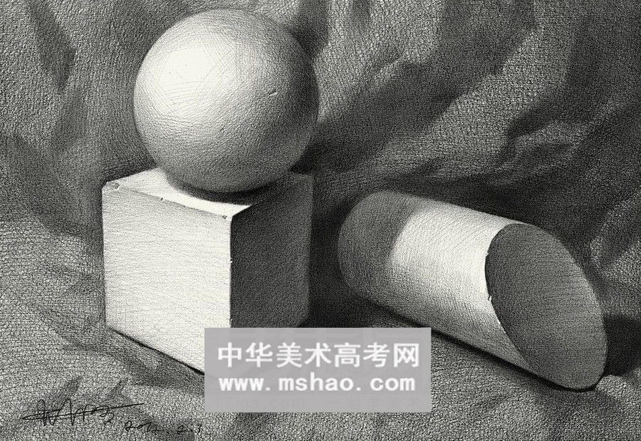 素描几何形体 球体立方体圆柱体六棱椎体组合作品