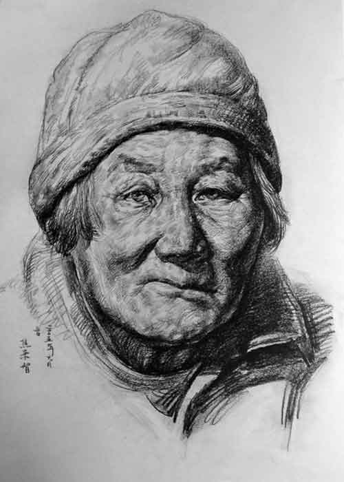 老年人正面素描头像作品
