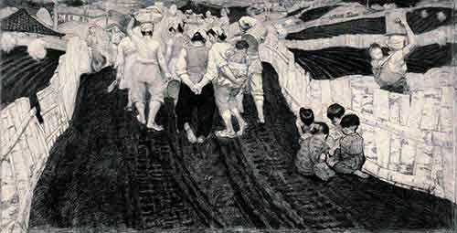 王沂东对古典主义大师的表现技法兼收并蓄，融汇中国传统文化的艺术语言，将油画创作的基本技巧与作品的情致结合起来，以金色、白色、黑色和红色等几种主要的对比与渗透