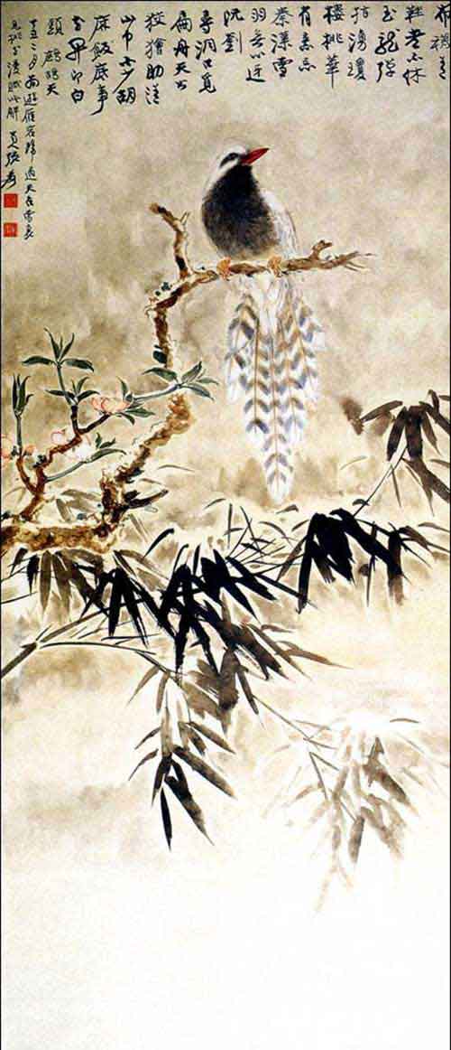 张大千(1899－1983)名爱，号大千，四川内江人。自幼随母学画，一九一七年与兄善同赴日本京都 ，学习绘画及织染工艺。早年专注于传统笔墨， 于石涛尤见功力，其作足可乱真。晚年画风再变，好用青绿及水墨作大泼墨。苍莽不羁，淋漓尽致。