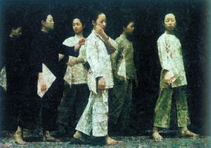 林永康《自梳女》　　林永康的作品中具有很强的几何感，形的概括是他画面里最让人惊讶又迷醉的东西。你可以看到他是如何将块面重新组合的，即使是画人物，你也能从画面里找到三角形、矩形等几何块面，与高光共同造成某种雕塑感和属于舞台的戏剧性效果。