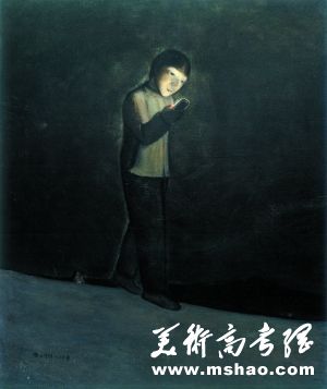 段正渠《手机》　　这次展览中他的另两幅作品《东方红》和《黄河》或许更能代表他善于用粗犷笔触表现苦难与生活厚重感的特点，但更打动我的还是这幅《手机》。黑暗的空间里，人物的身份背景都被模糊了，唯一的光亮是手机屏幕投射在人物脸上的微光。