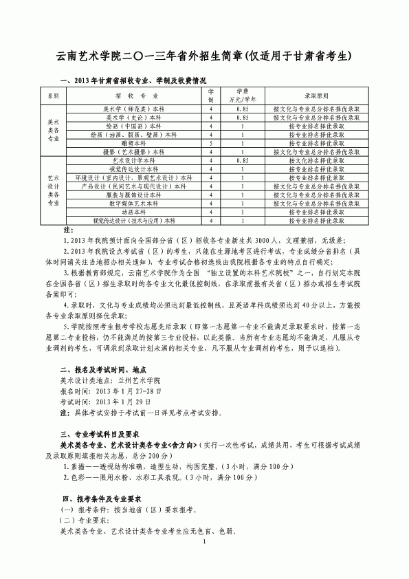 云南艺术学院2013年省外招生简章（甘肃）